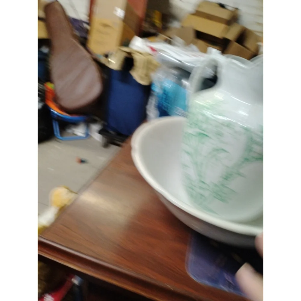 Crescent China George Jones & Sons Antique Pitcher Wash Basin Flowers Green